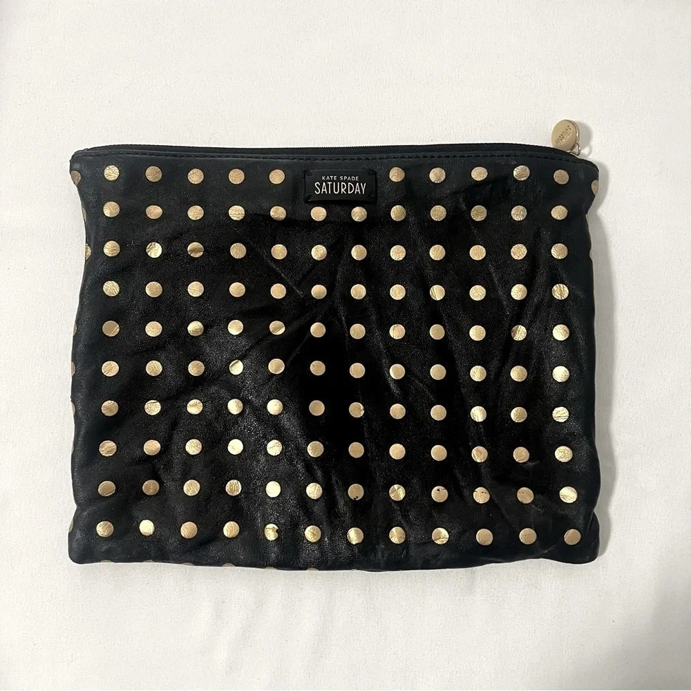 Kate Spade Saturday Black Clutch Gold Dot Stud Toiletry Travel Cosmetic Bag